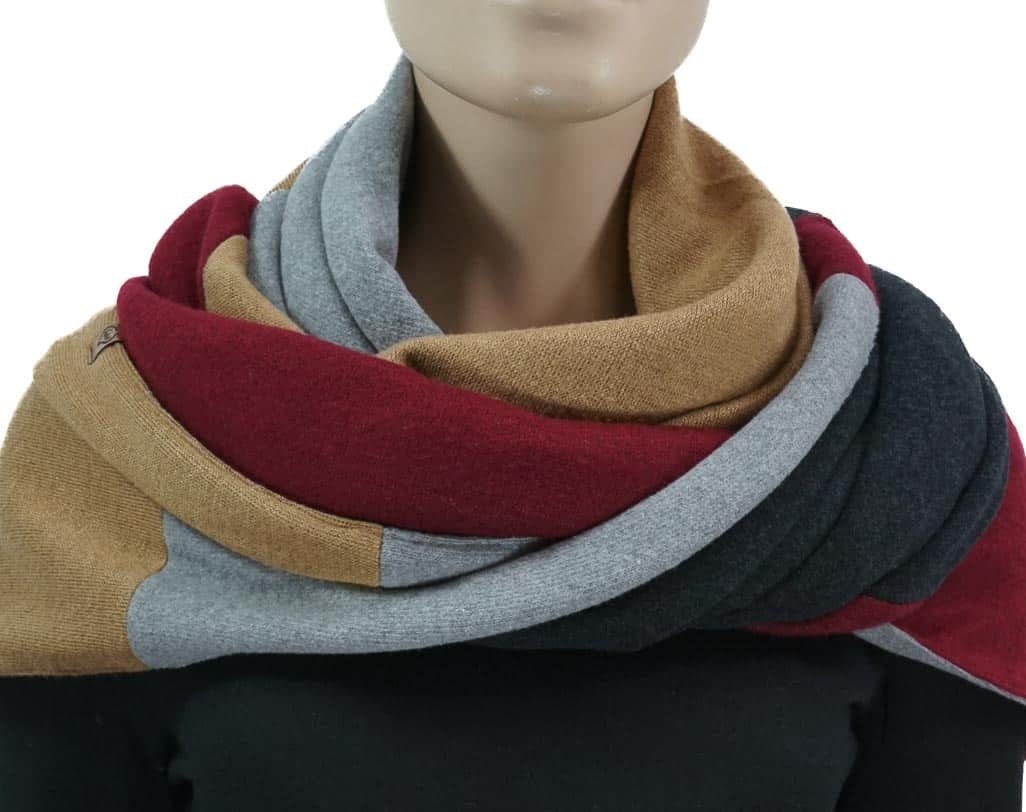 Dreieckstuch mit Karabiner, Colourblocking in weichem Strick, camel/bordeaux/grau/anthrazit