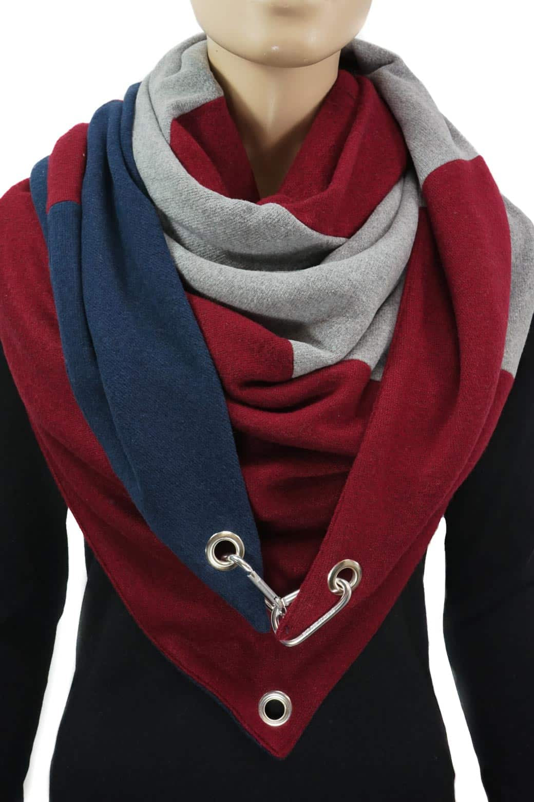 Dreieckstuch mit Karabiner, Colourblocking in weichem Strick, bordeaux-hellgrau-marine