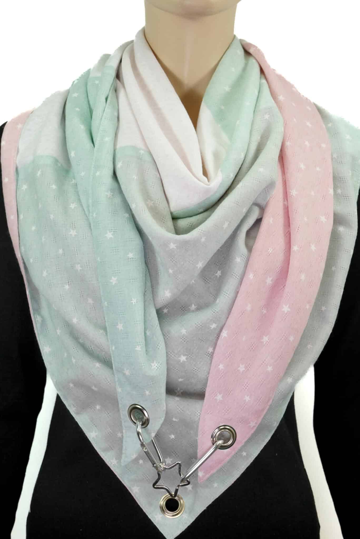 Dreieckstuch mit Karabiner, Sterne, rosa, mintgrün, offwhite