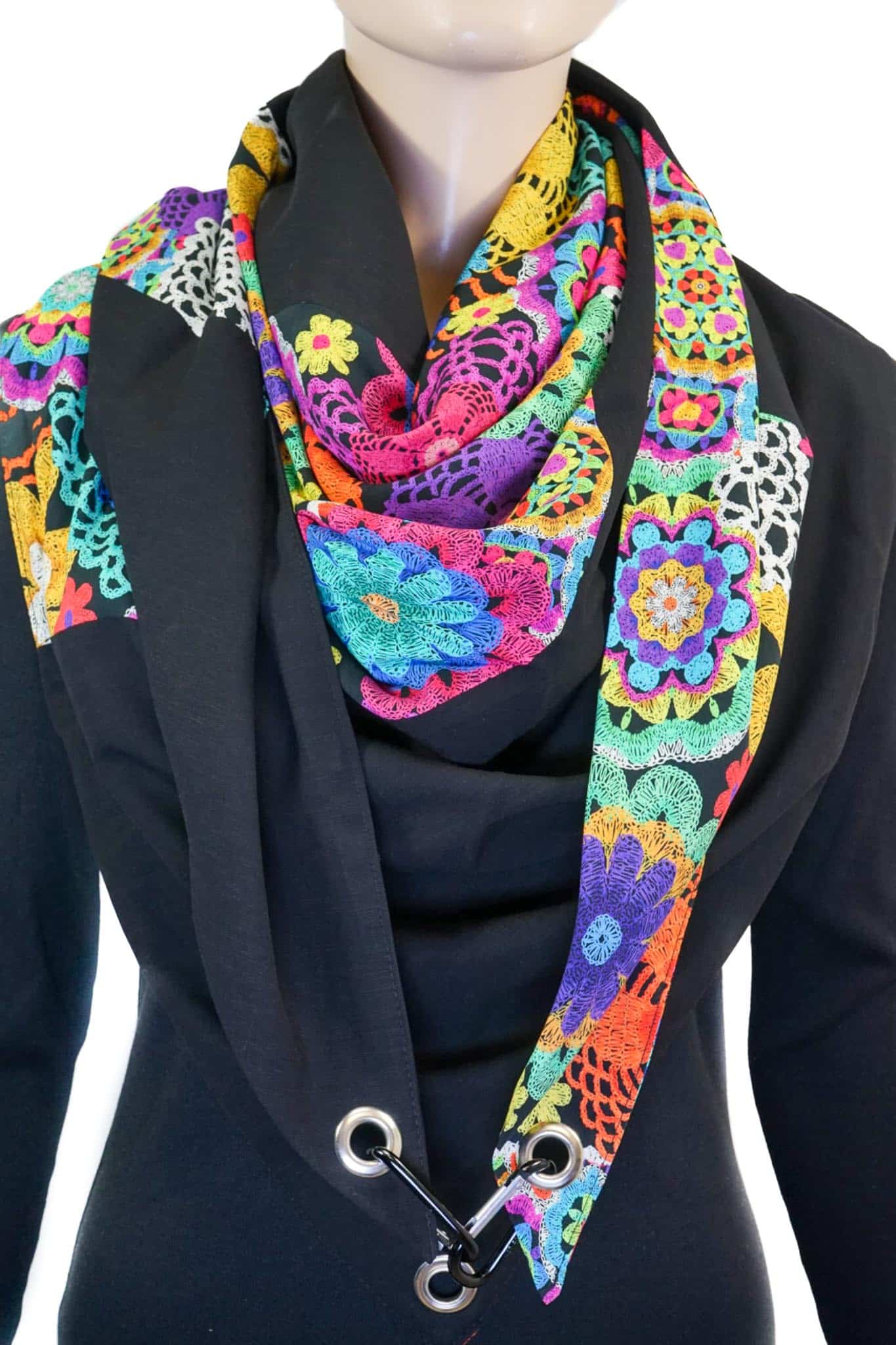 Dreieckstuch mit Karabiner, Sommertuch FlowerPower mit schwarz