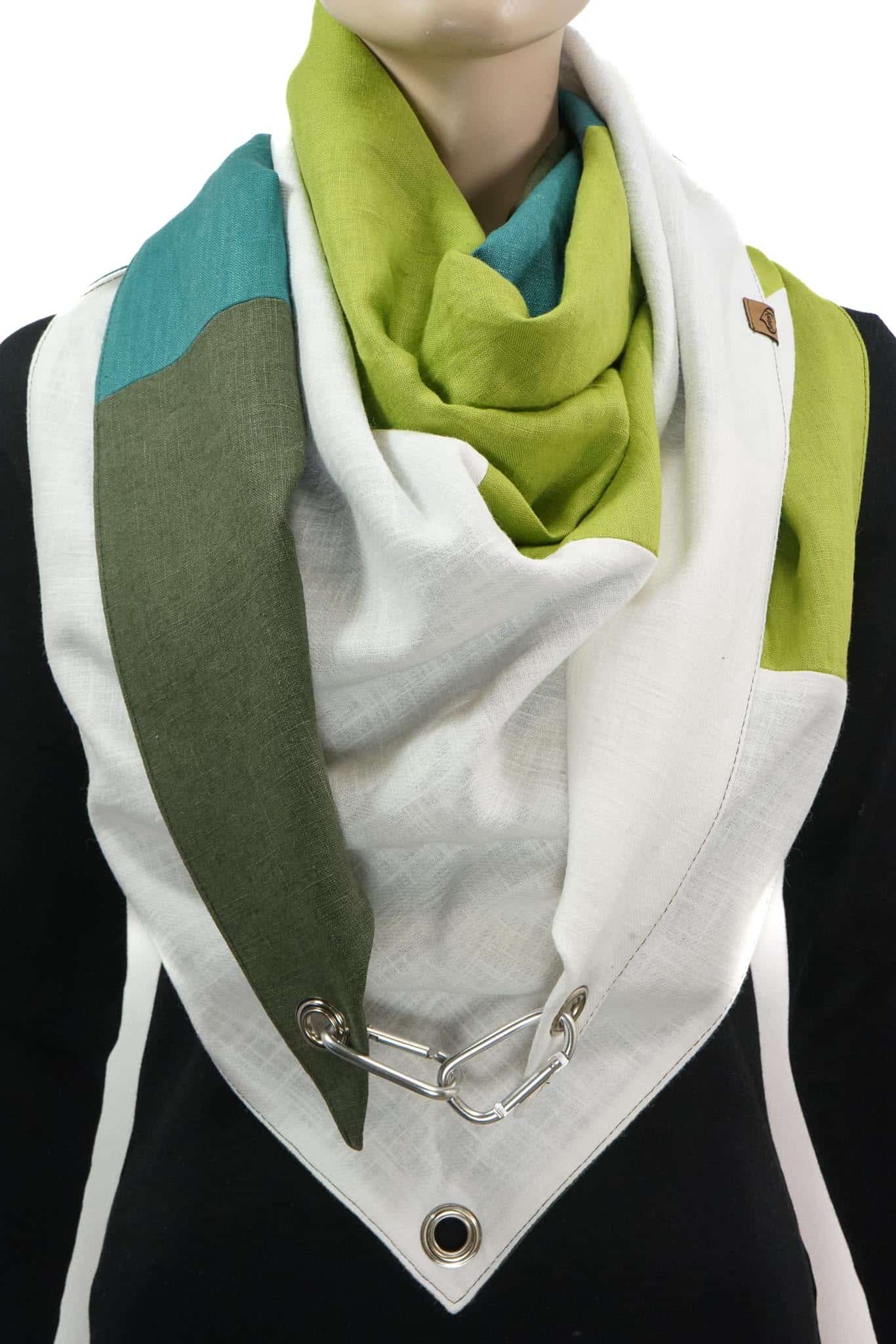 Dreieckstuch mit Karabiner, Leinenmix, petrol/hellgrün/khaki/weiß