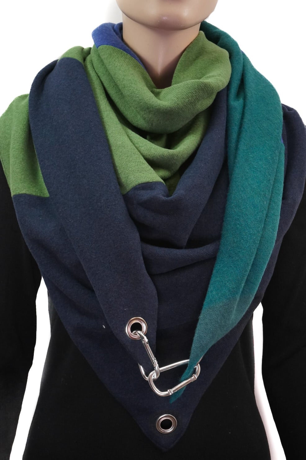 Dreieckstuch mit Karabiner, Colourblocking in weichem Strick, smaragd-royalblau-grün-marine
