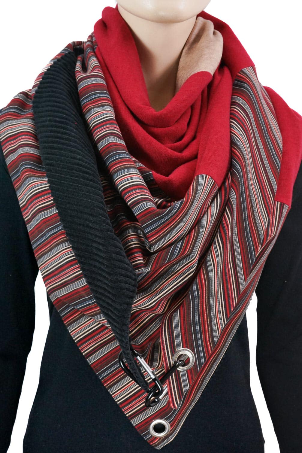 Dreieckstuch mit Karabiner, Mustermix Schwarz/Rot Streifen