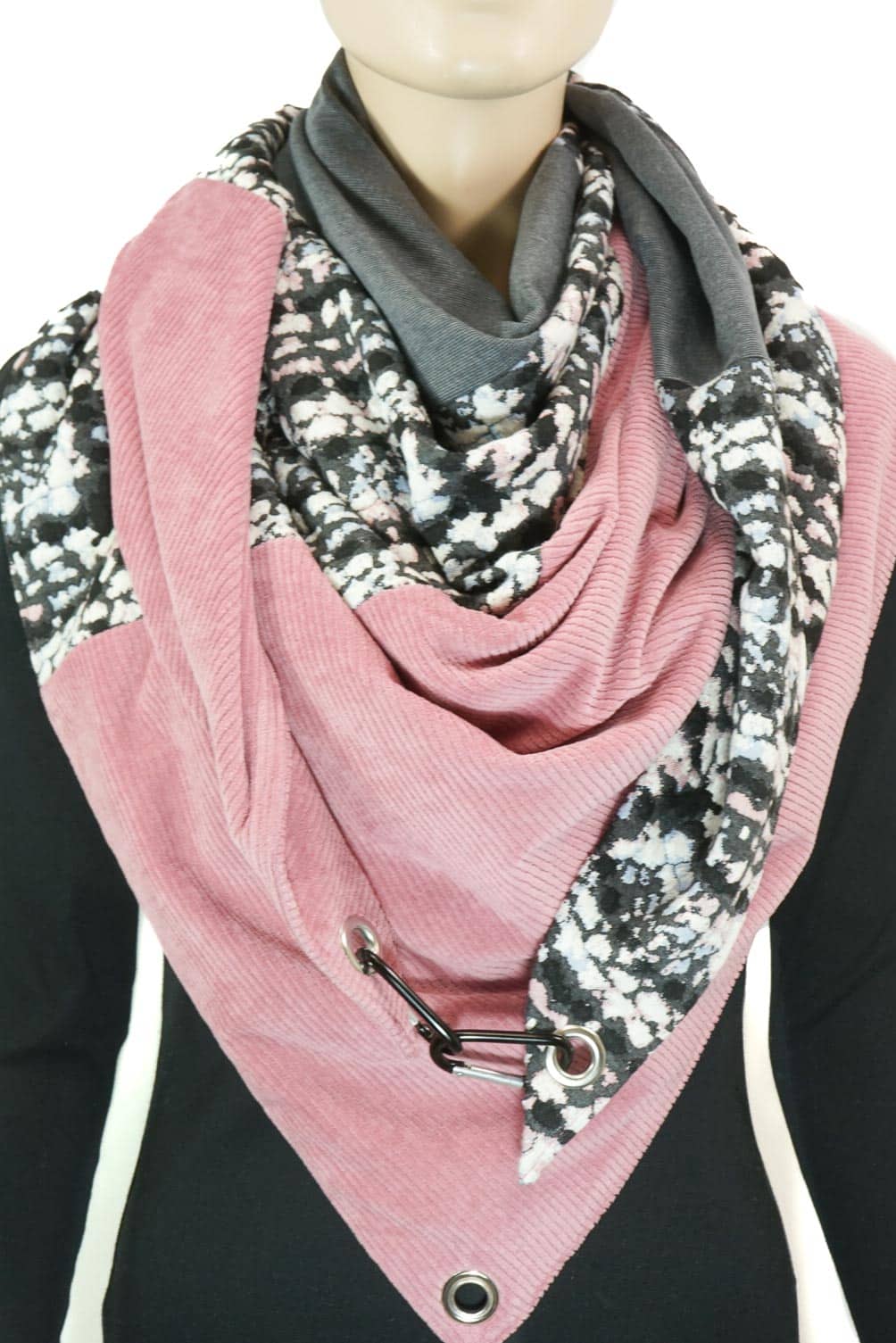 Dreieckstuch mit Karabiner, gemütlicher Allrounder in rosa/grau/naturweiß