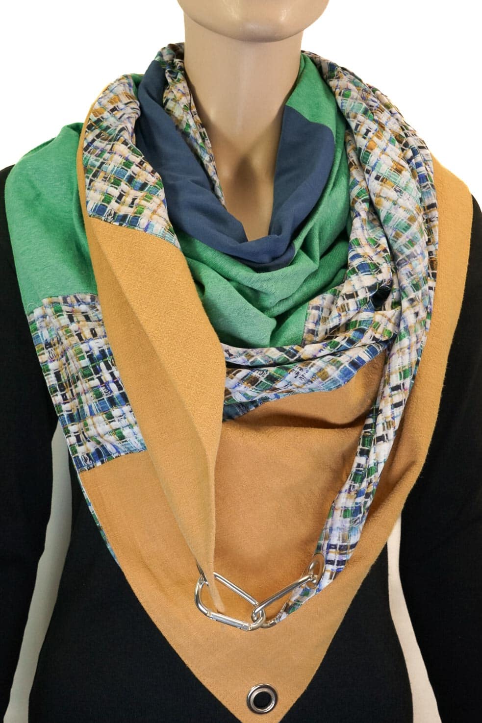 Dreieckstuch mit Karabiner, Jersey-Mix, grün/blau/gelb