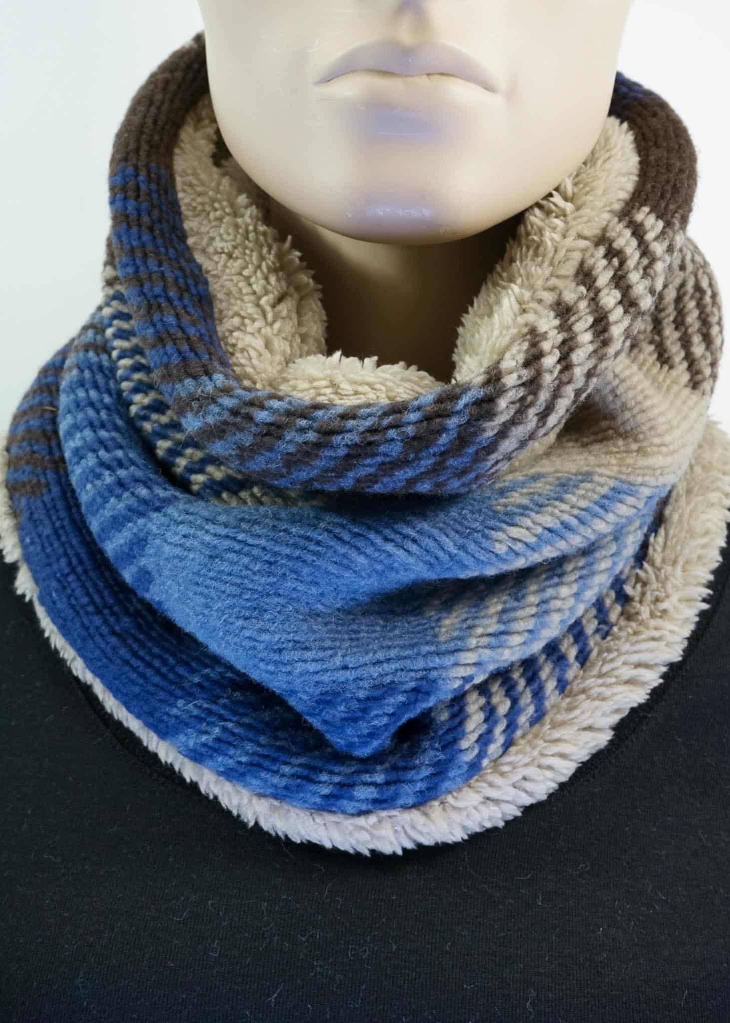 MAXI Loop | Blau-Beige Karo | Wollmischung & Fell