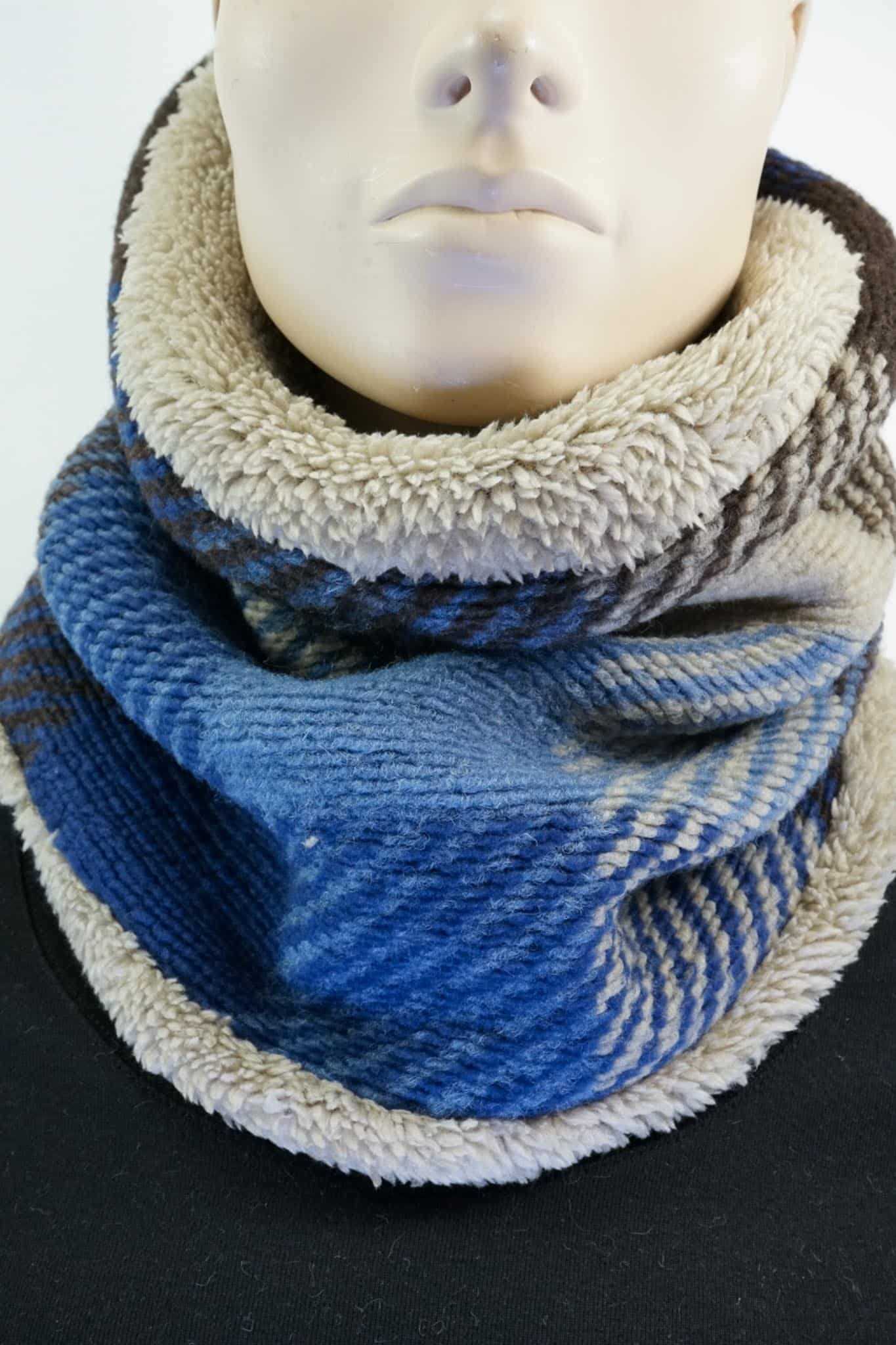MAXI Loop | Blau-Beige Karo | Wollmischung & Fell