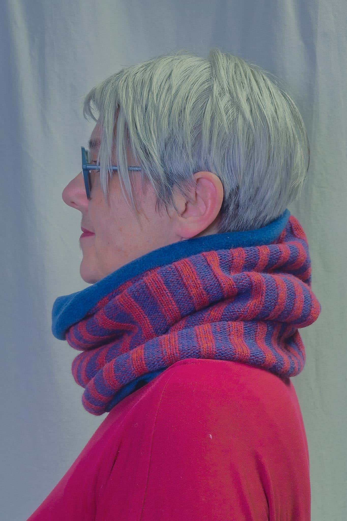 MAXI Loop | Merinostrick | Blau-Rot gestreift | mit Fleece