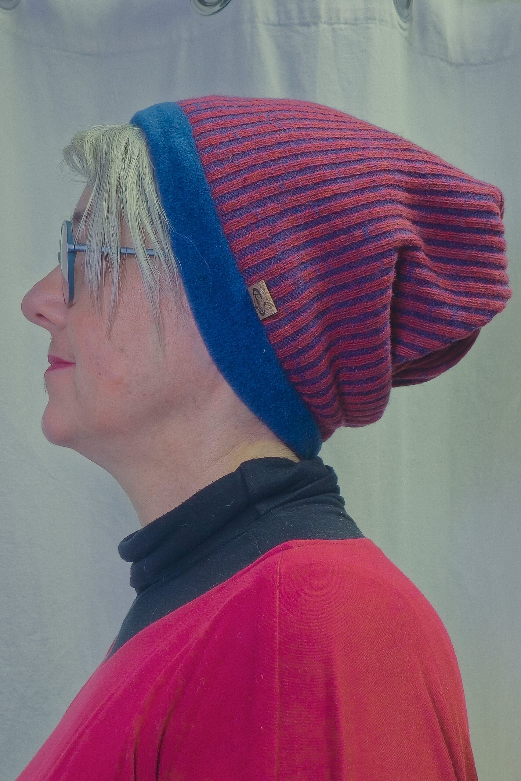 TWIST Mütze | Merinostrick rot-blau gestreift | Fleece innen