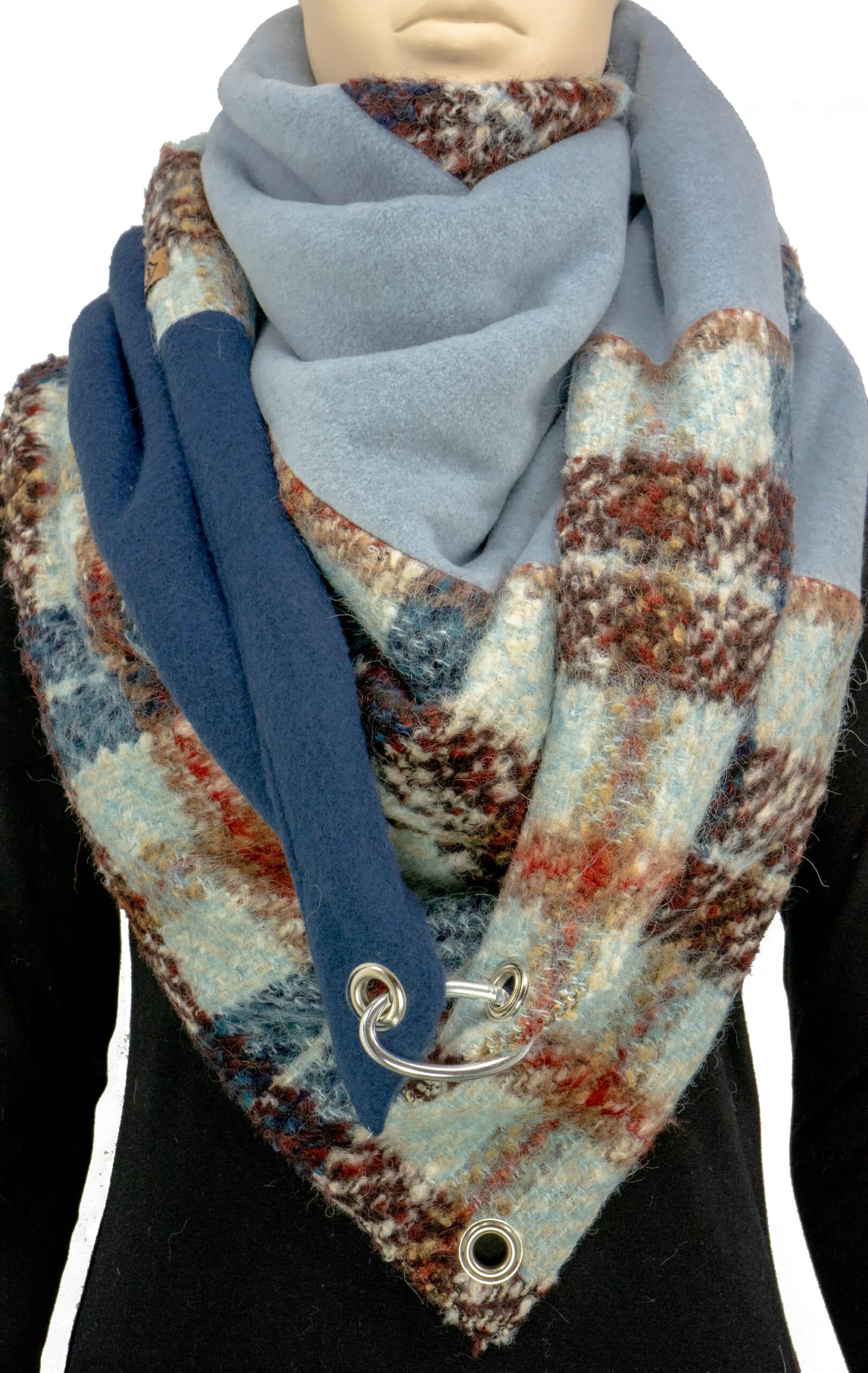 Dreieckstuch mit Karabiner, Wollmix in Blau-Braun Nuancen