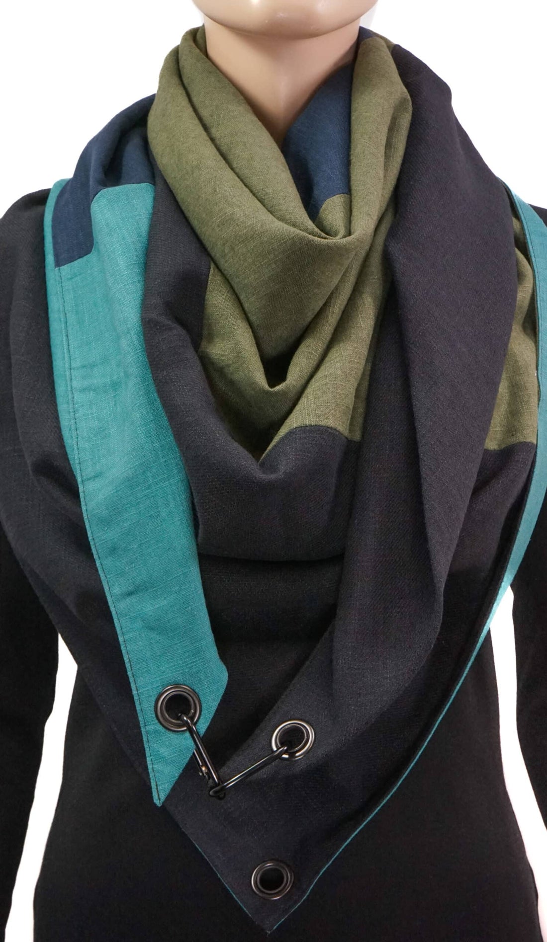 Dreieckstuch mit Karabiner, Leinenmix, petrol/marine/khaki/schwarz