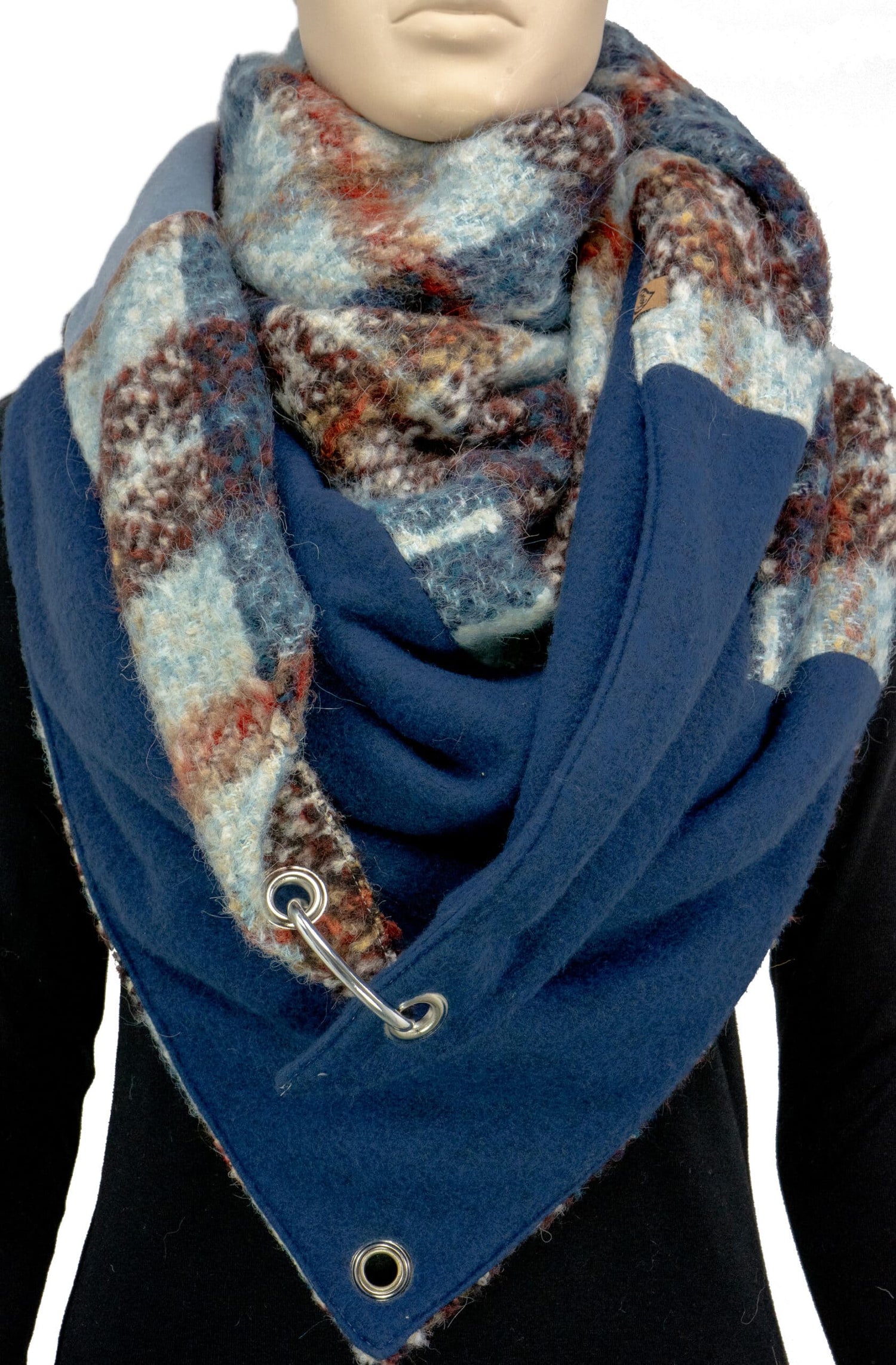Dreieckstuch mit Karabiner, Wollmix in Blau-Braun Nuancen