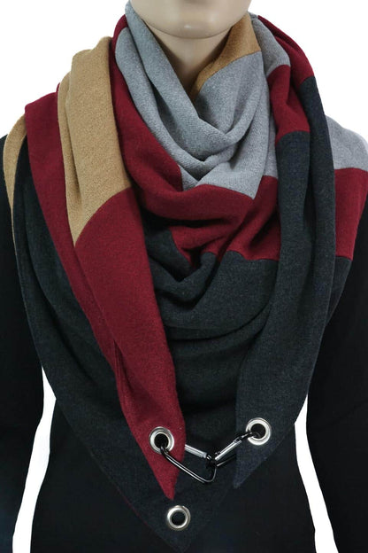 Dreieckstuch mit Karabiner, Colourblocking in weichem Strick, camel/bordeaux/grau/anthrazit