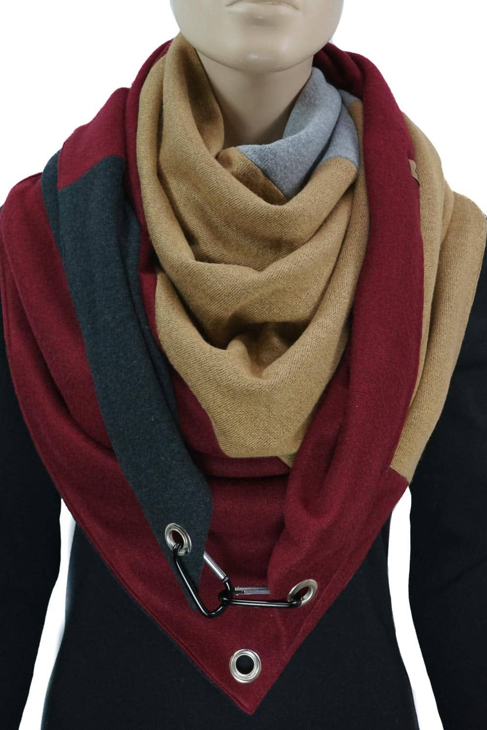 Dreieckstuch mit Karabiner, Colourblocking in weichem Strick, camel/bordeaux/grau/anthrazit
