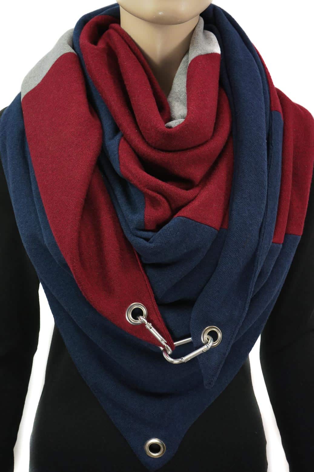 Dreieckstuch mit Karabiner, Colourblocking in weichem Strick, bordeaux-hellgrau-marine