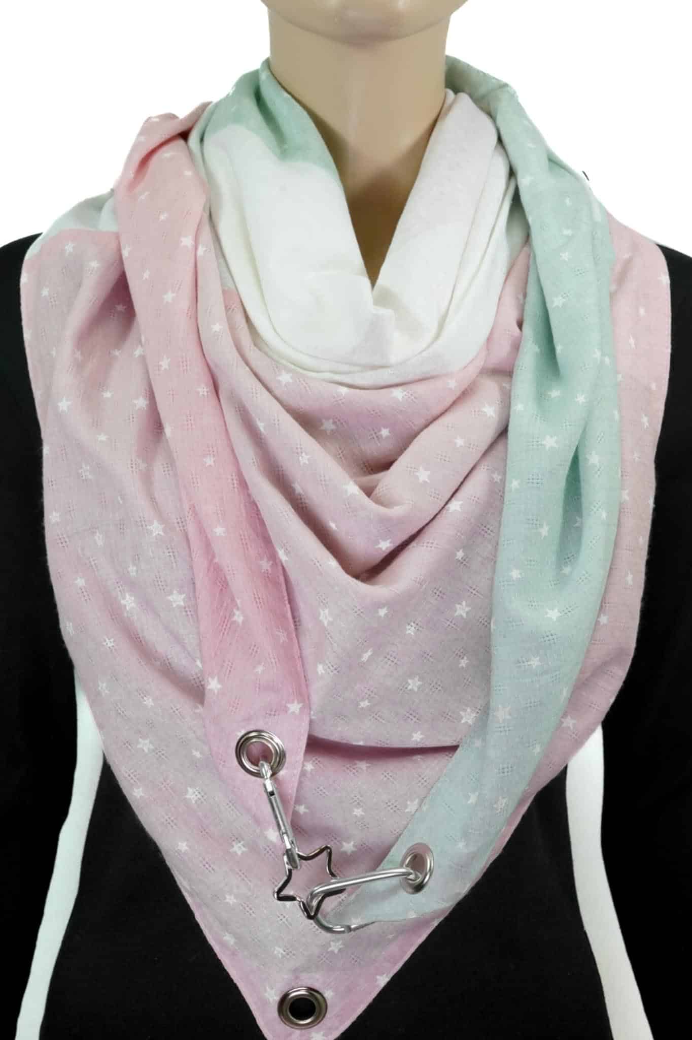 Dreieckstuch mit Karabiner, Sterne, rosa, mintgrün, offwhite