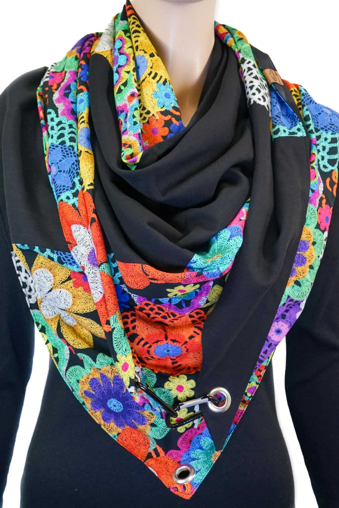 Dreieckstuch mit Karabiner, Sommertuch FlowerPower mit schwarz