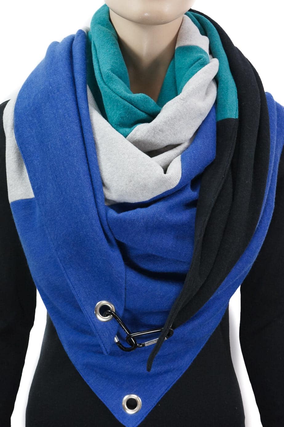 Dreieckstuch mit Karabiner, Colourblocking in weichem Strick, smaragd-schwarz-hellgrau-royalblau