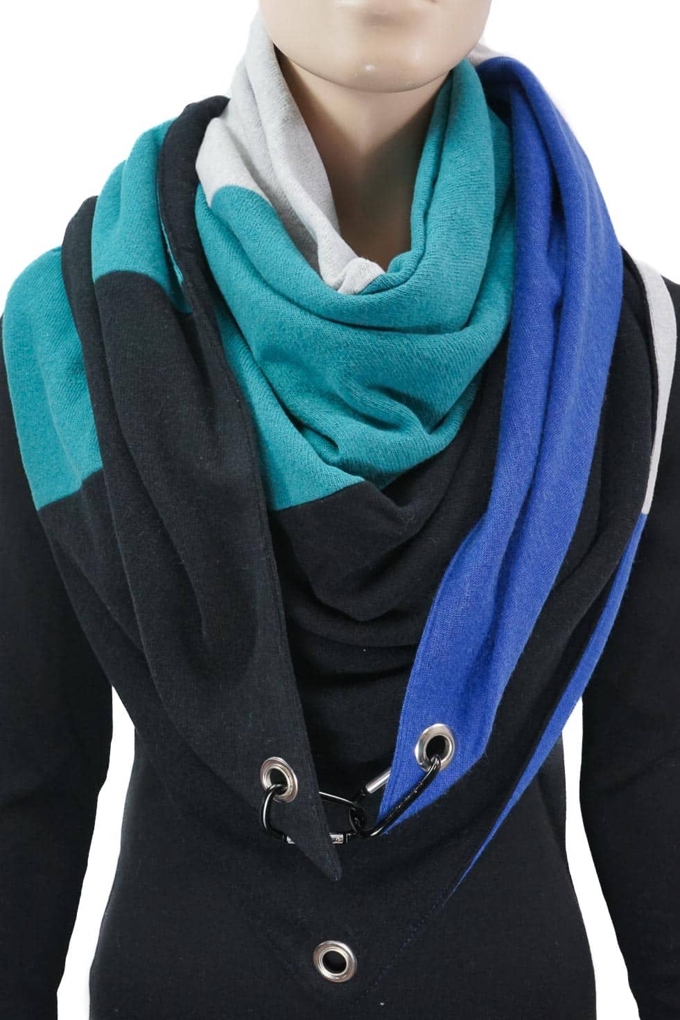 Dreieckstuch mit Karabiner, Colourblocking in weichem Strick, smaragd-schwarz-hellgrau-royalblau