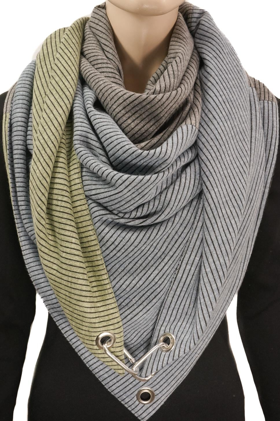 Dreieckstuch mit Karabiner, pastelliger Rippstrick, grün/grau/blau