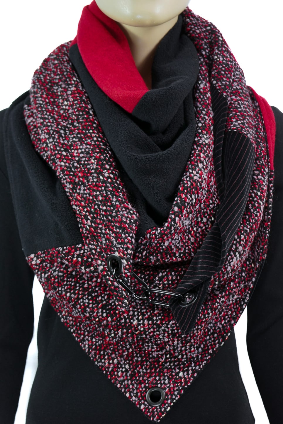 Karabinertuch Rot-Schwarz mit Bouclé &amp; Strick – warm &amp; ohne Wolle