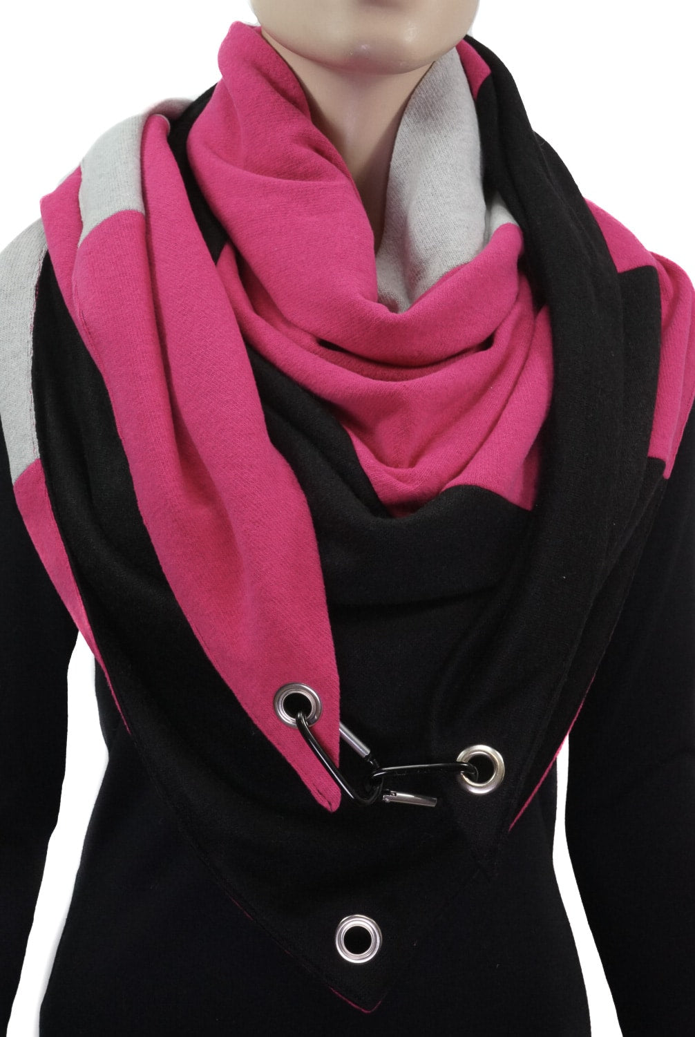 Dreieckstuch mit Karabiner, Colourblocking in weichem Strick, pink-grau-schwarz