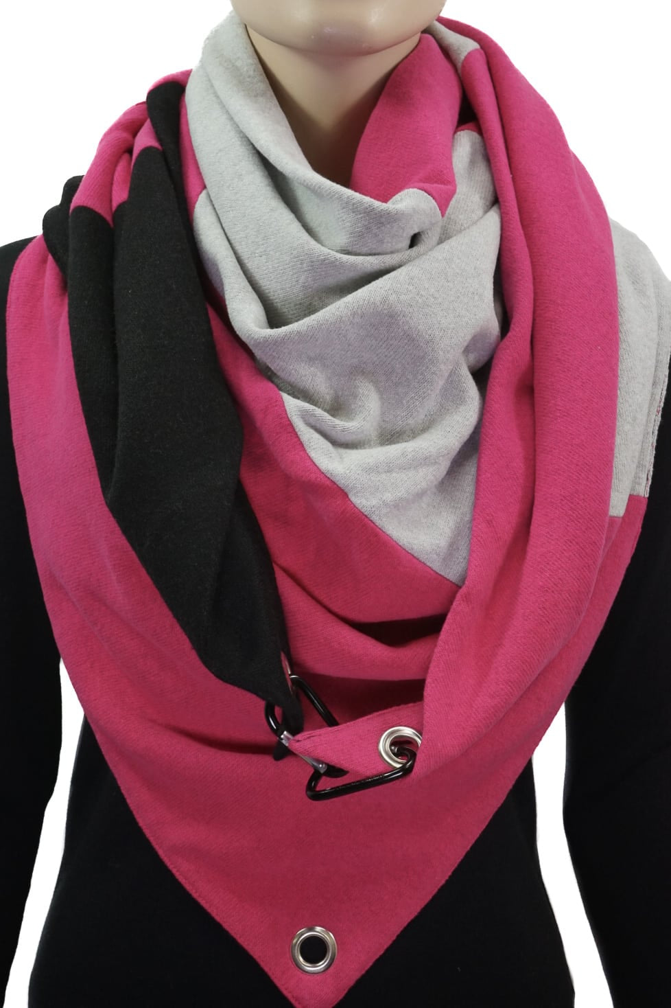 Dreieckstuch mit Karabiner, Colourblocking in weichem Strick, pink-grau-schwarz
