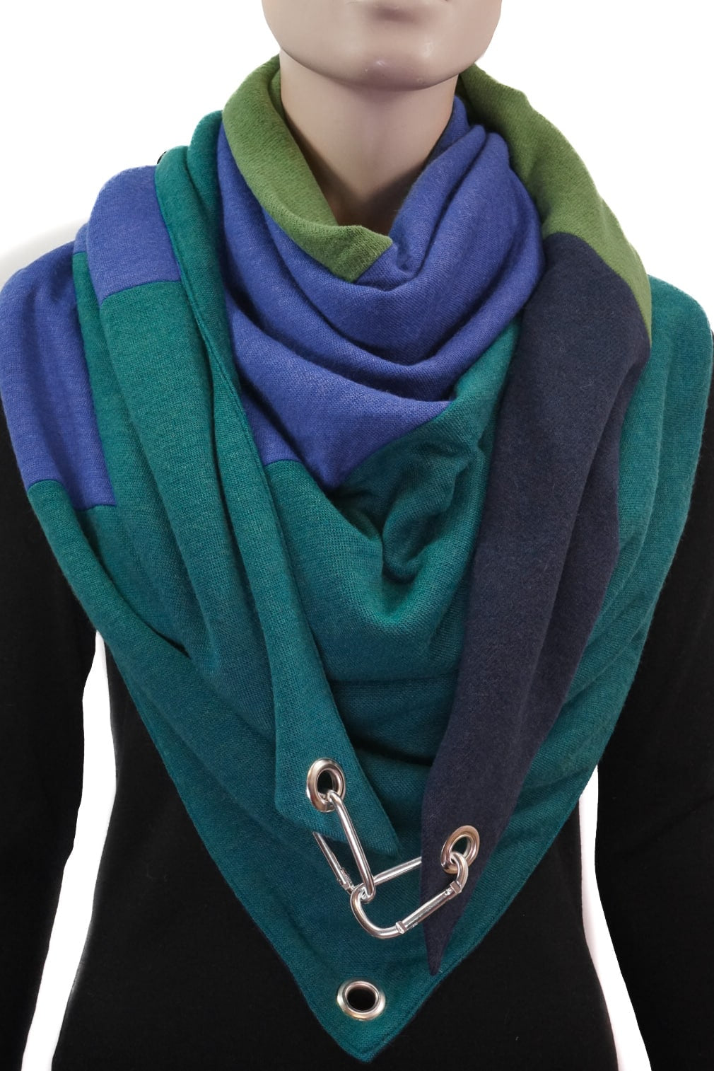 Dreieckstuch mit Karabiner, Colourblocking in weichem Strick, smaragd-royalblau-grün-marine