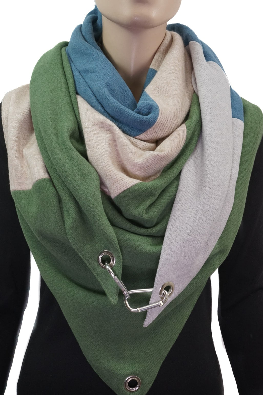 Dreieckstuch mit Karabiner, Colourblocking in weichem Strick, grün-beige-blau-hellgrau