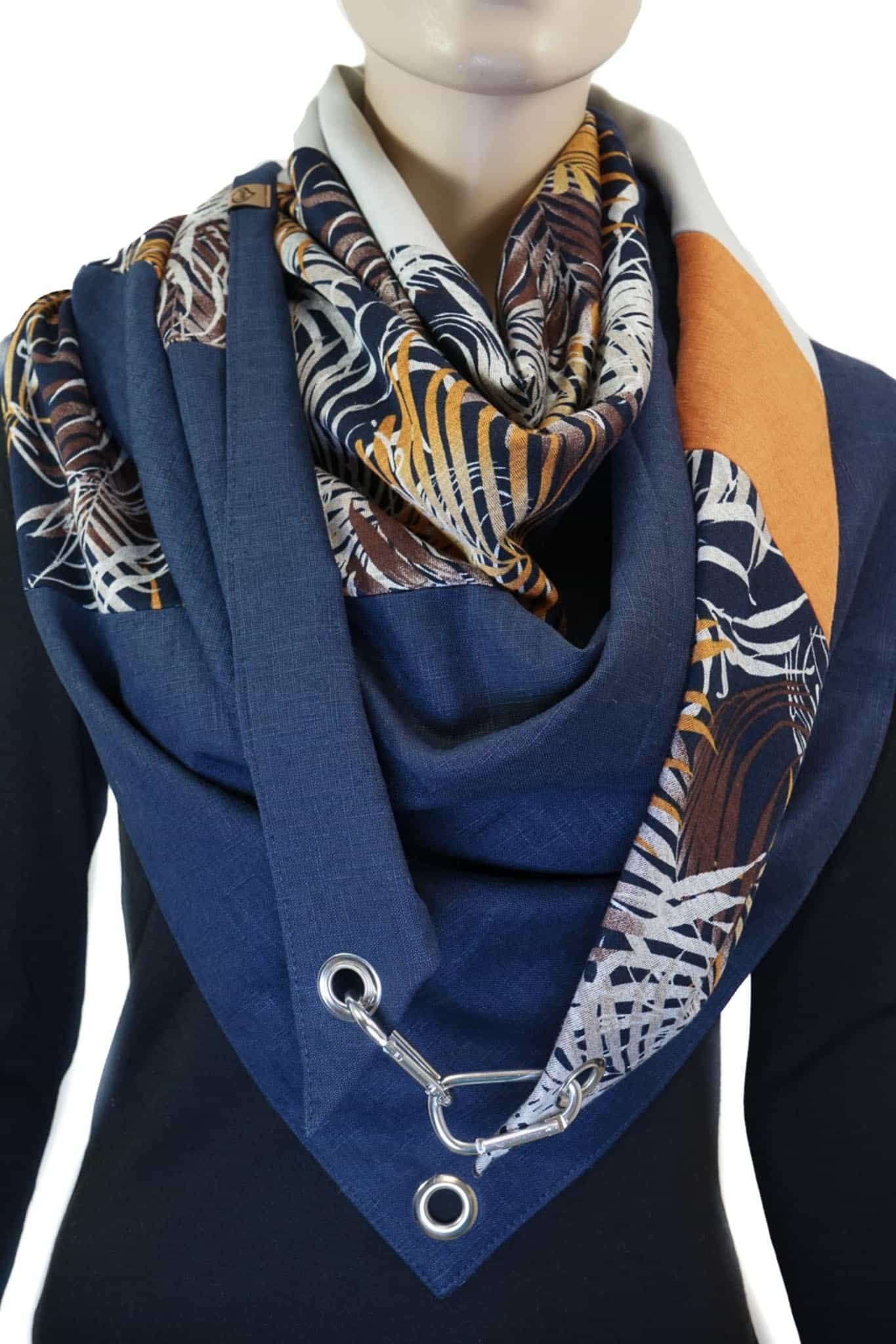 Dreieckstuch mit Karabiner, Herbstmix blau/orange/braun