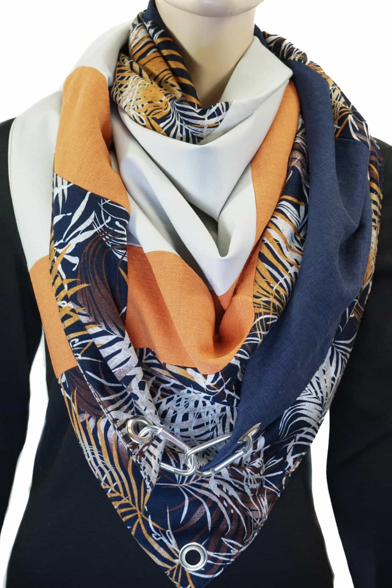 Dreieckstuch mit Karabiner, Herbstmix blau/orange/braun
