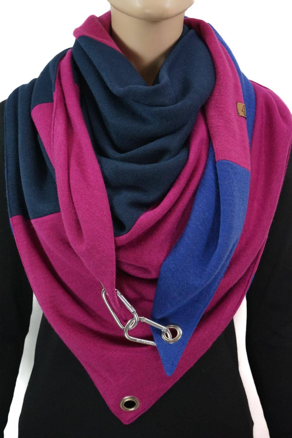 Dreieckstuch mit Karabiner, Colourblocking in weichem Strick, pink-marine-royalblau