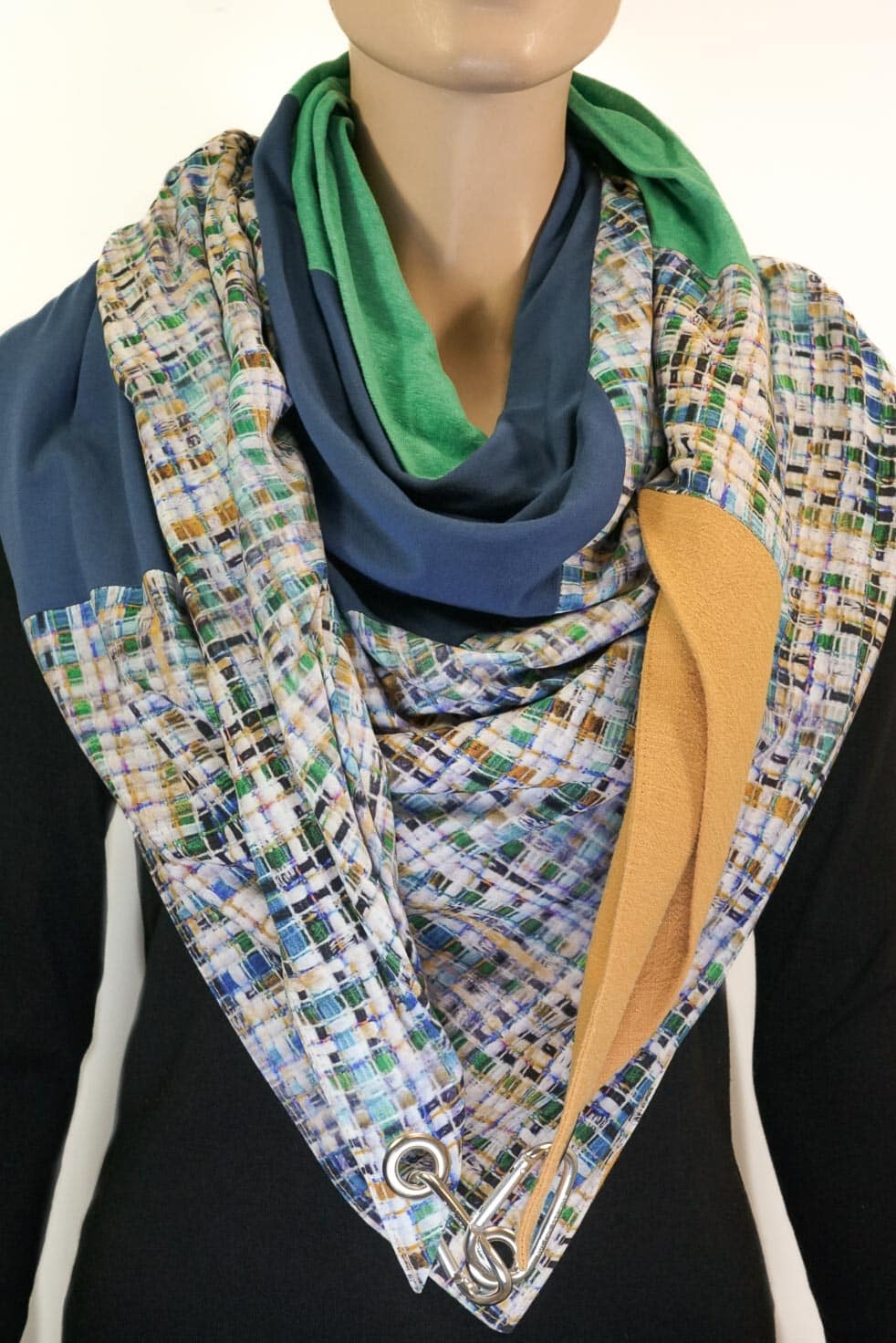 Dreieckstuch mit Karabiner, Jersey-Mix, grün/blau/gelb