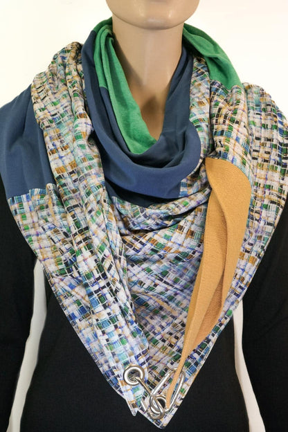 Dreieckstuch mit Karabiner, Jersey-Mix, grün/blau/gelb