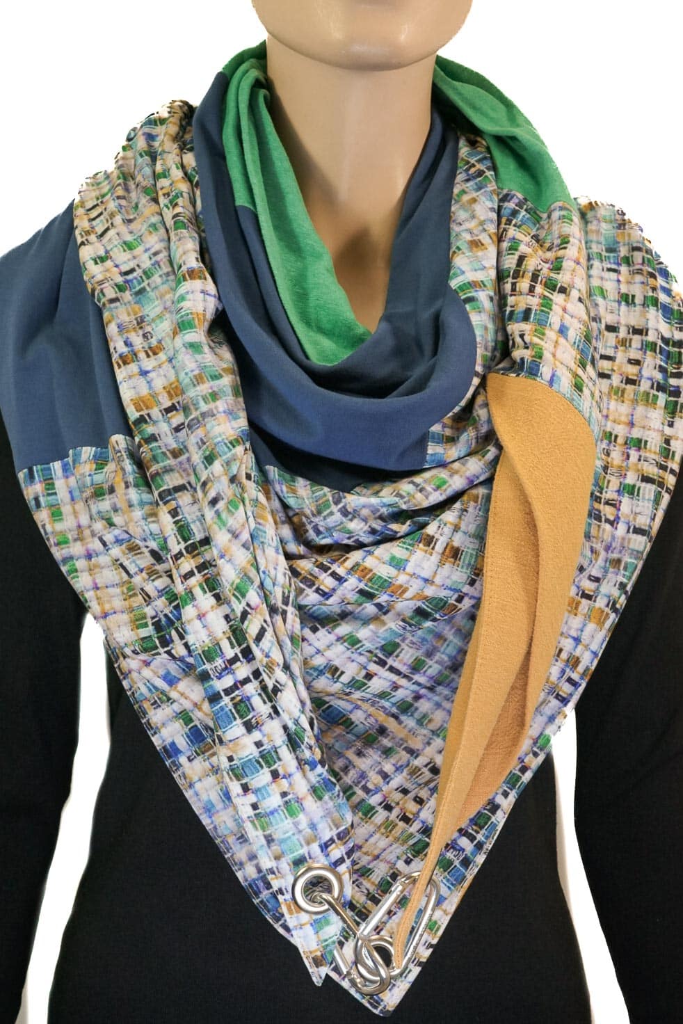 Dreieckstuch mit Karabiner, Jersey-Mix, grün/blau/gelb