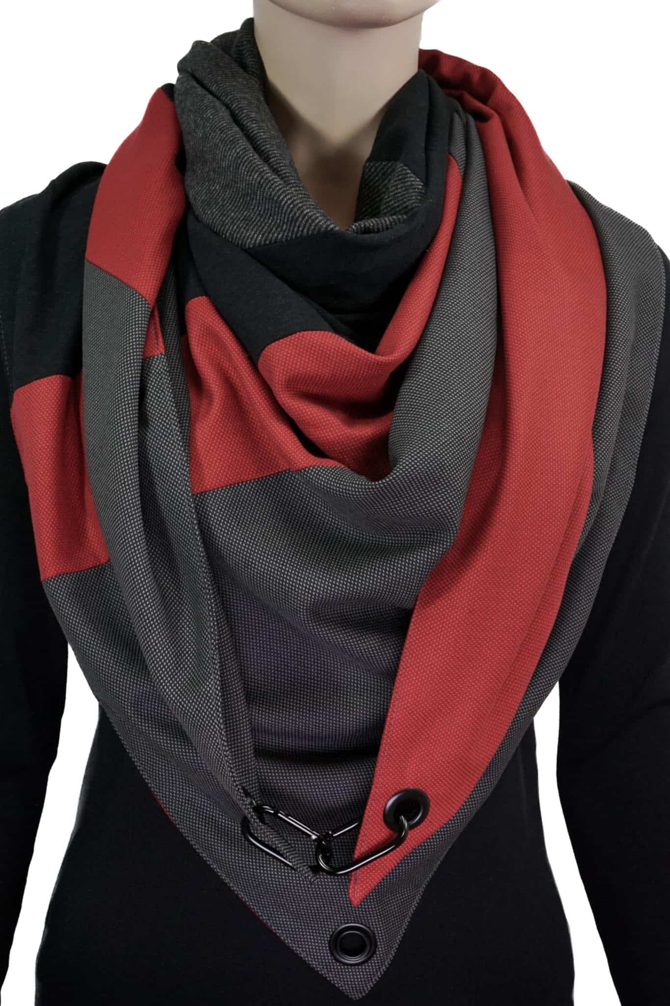 Dreieckstuch mit Karabiner, Colour blocking, Schwarz-Rot-Anthrazit