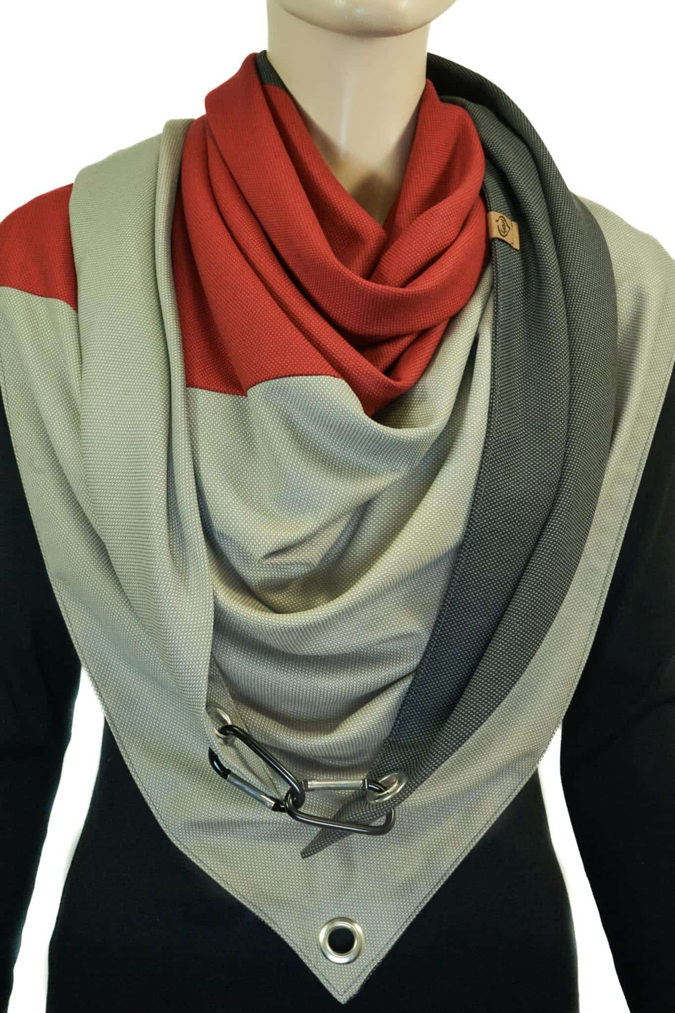 Dreieckstuch mit Karabiner, Colour blocking, Sandbeige-Rot-Anthrazit