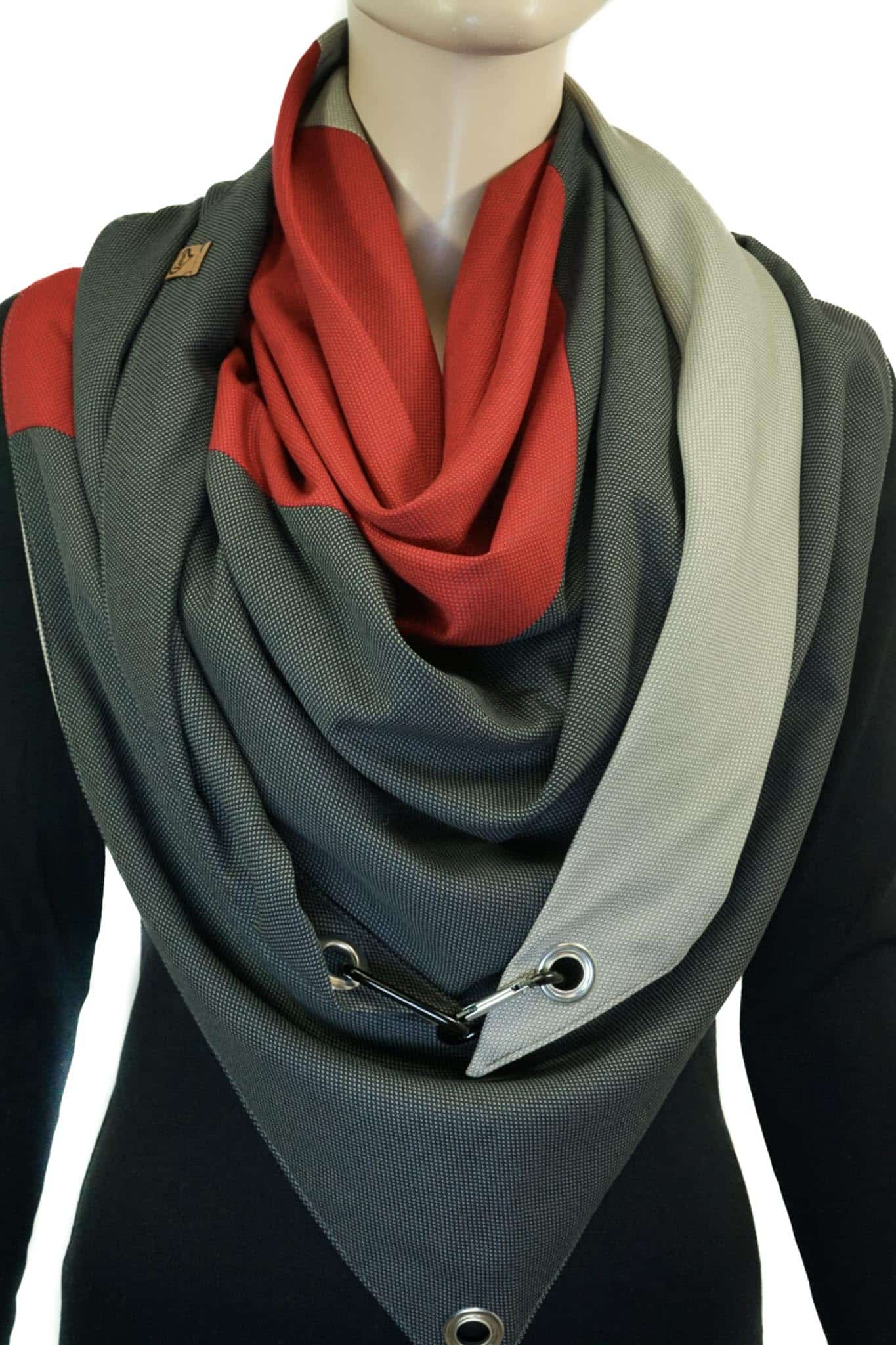 Dreieckstuch mit Karabiner, Colour blocking, Sandbeige-Rot-Anthrazit