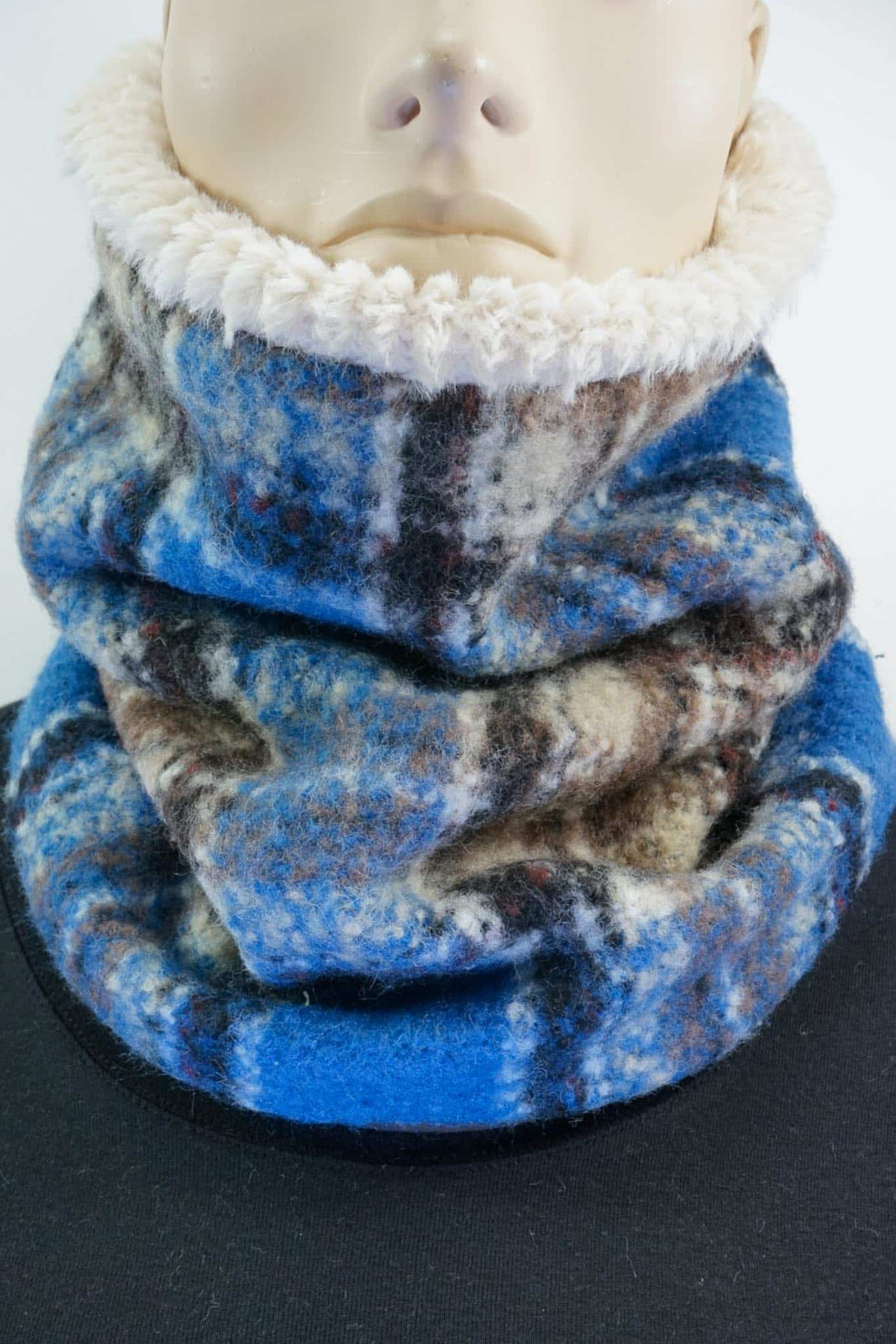 MAXI Loop | Karo | Blau &amp; Beige | Wollmischung | Fell innen