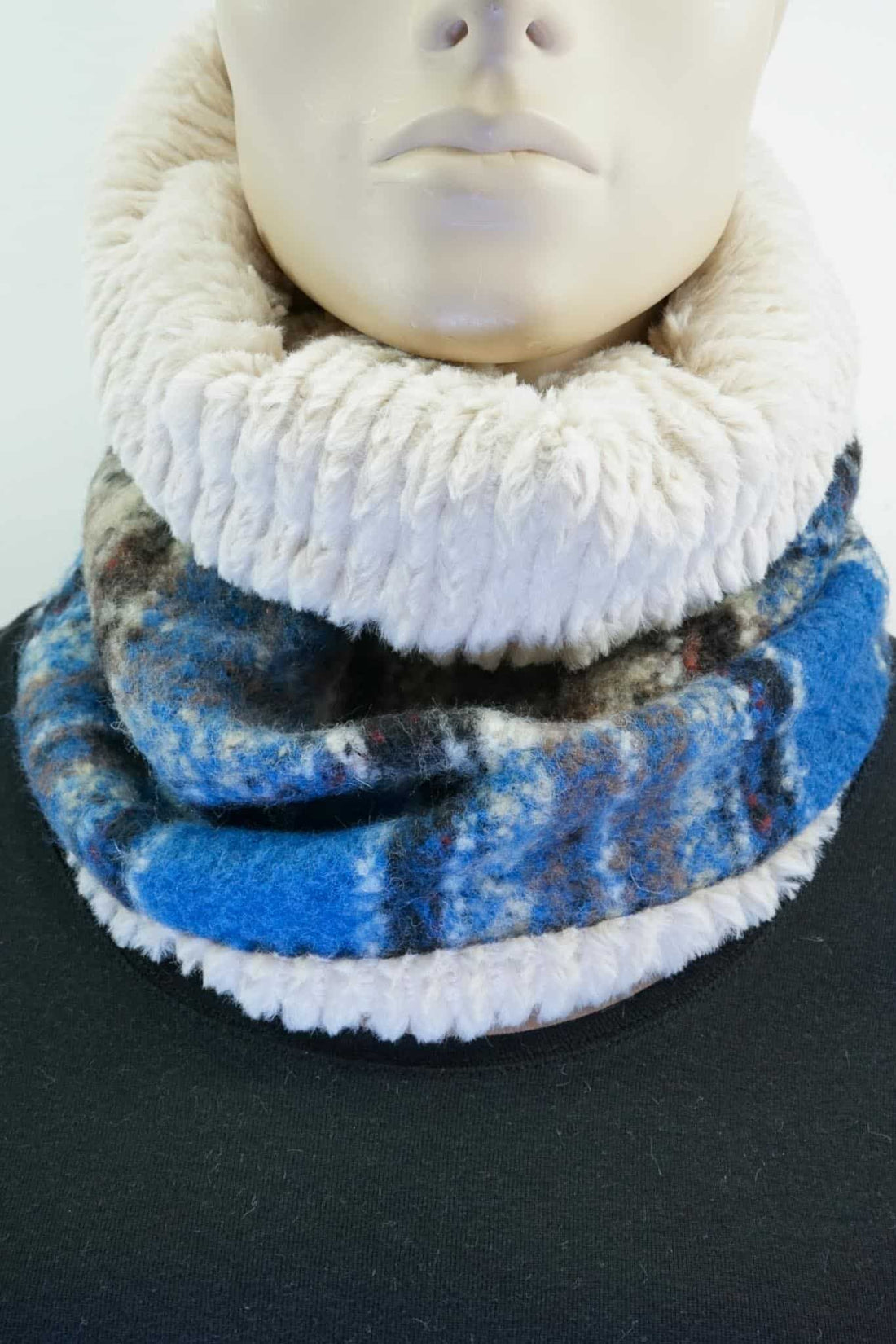 MAXI Loop | Karo | Blau &amp; Beige | Wollmischung | Fell innen