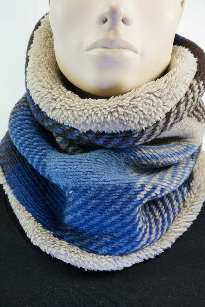 MAXI Loop | Blau-Beige Karo | Wollmischung &amp; Fell
