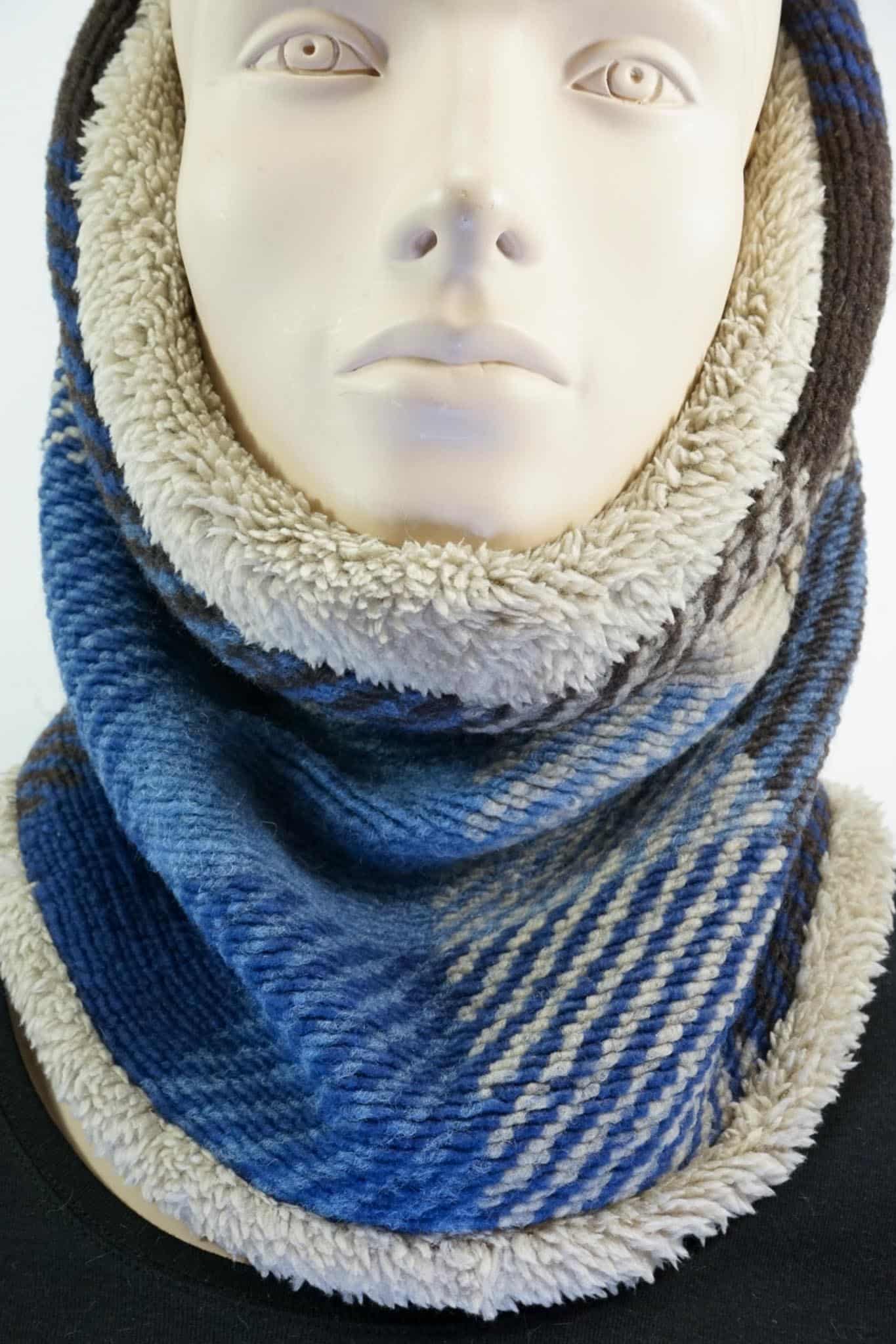 MAXI Loop | Blau-Beige Karo | Wollmischung &amp; Fell