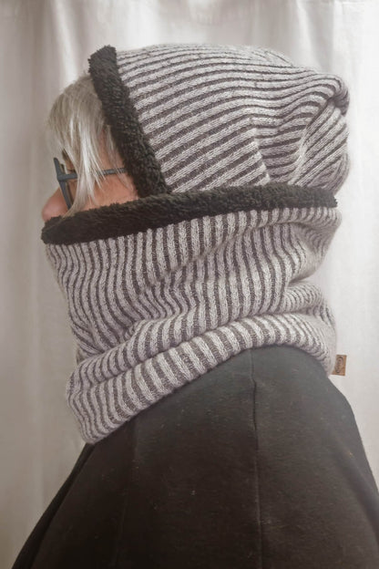 Set aus Loop &amp; TWIST-Mütze | Merinostrick anthrazit-grau gestreift | Fell innen