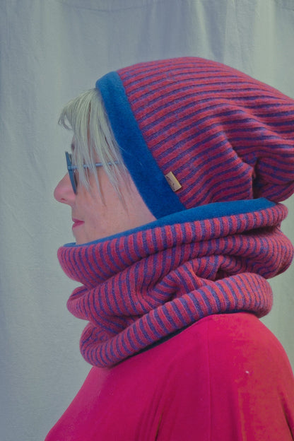 TWIST Mütze | Merinostrick rot-blau gestreift | Fleece innen