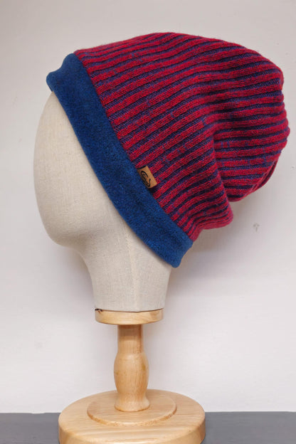 TWIST Mütze | Merinostrick rot-blau gestreift | Fleece innen
