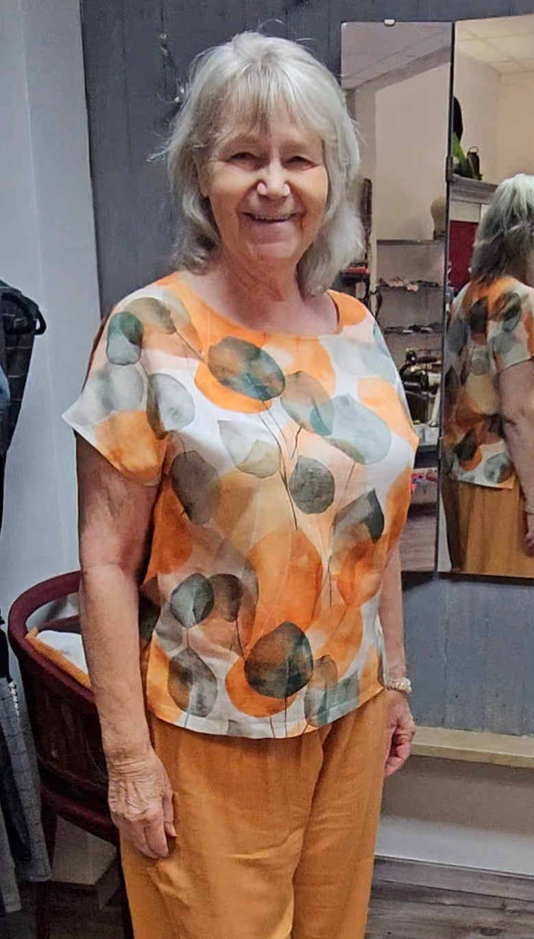 Shirt FRANCA | BLÄTTER | Orange-Grün | 100% Leinen