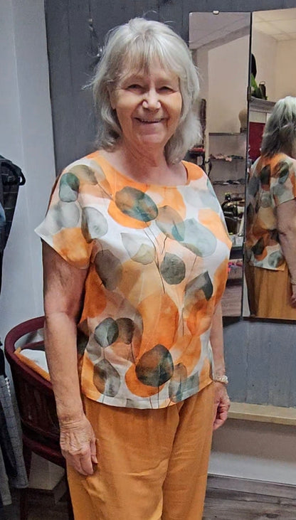 Shirt FRANCA | BLÄTTER | Orange-Grün | 100% Leinen