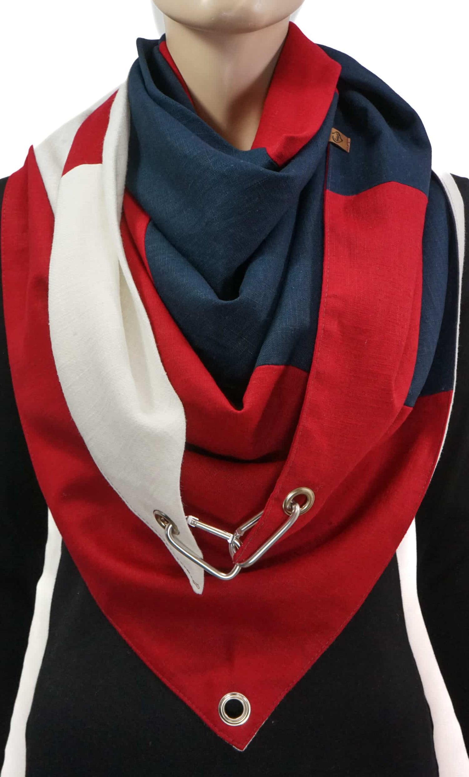 Dreieckstuch mit Karabiner, Leinenmix, rot/marine/weiß