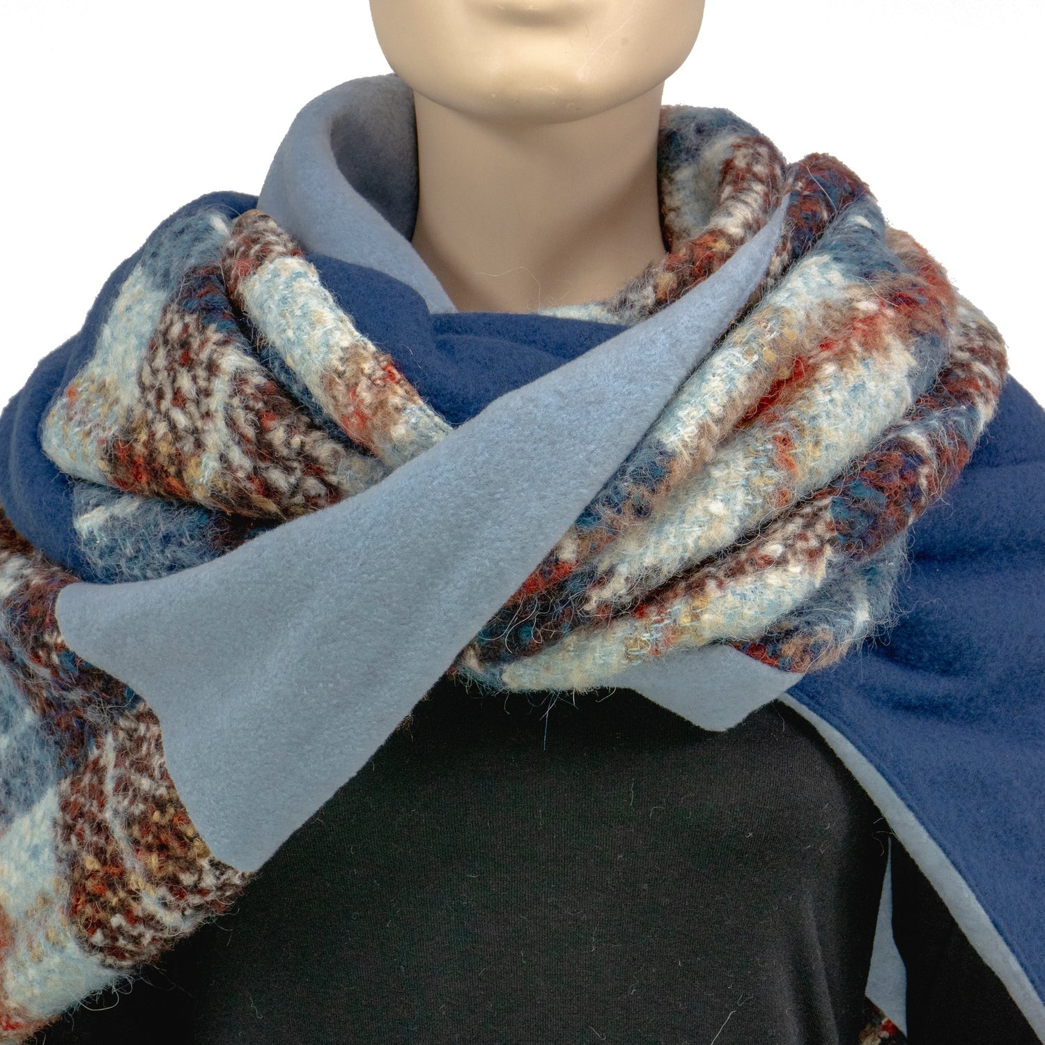 Dreieckstuch mit Karabiner, Wollmix in Blau-Braun Nuancen